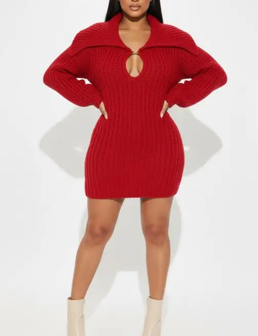 2025 Elegant Sexy New Fashion Commuting Winter Big Collar Slim Fit Elastic Lantern Sleeve Woolen Dress