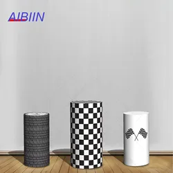 Racing Theme Cylinder Backdrop Cover Black White Checker Grid Boy Birthday Party Decor Pedestal Column Background Cover