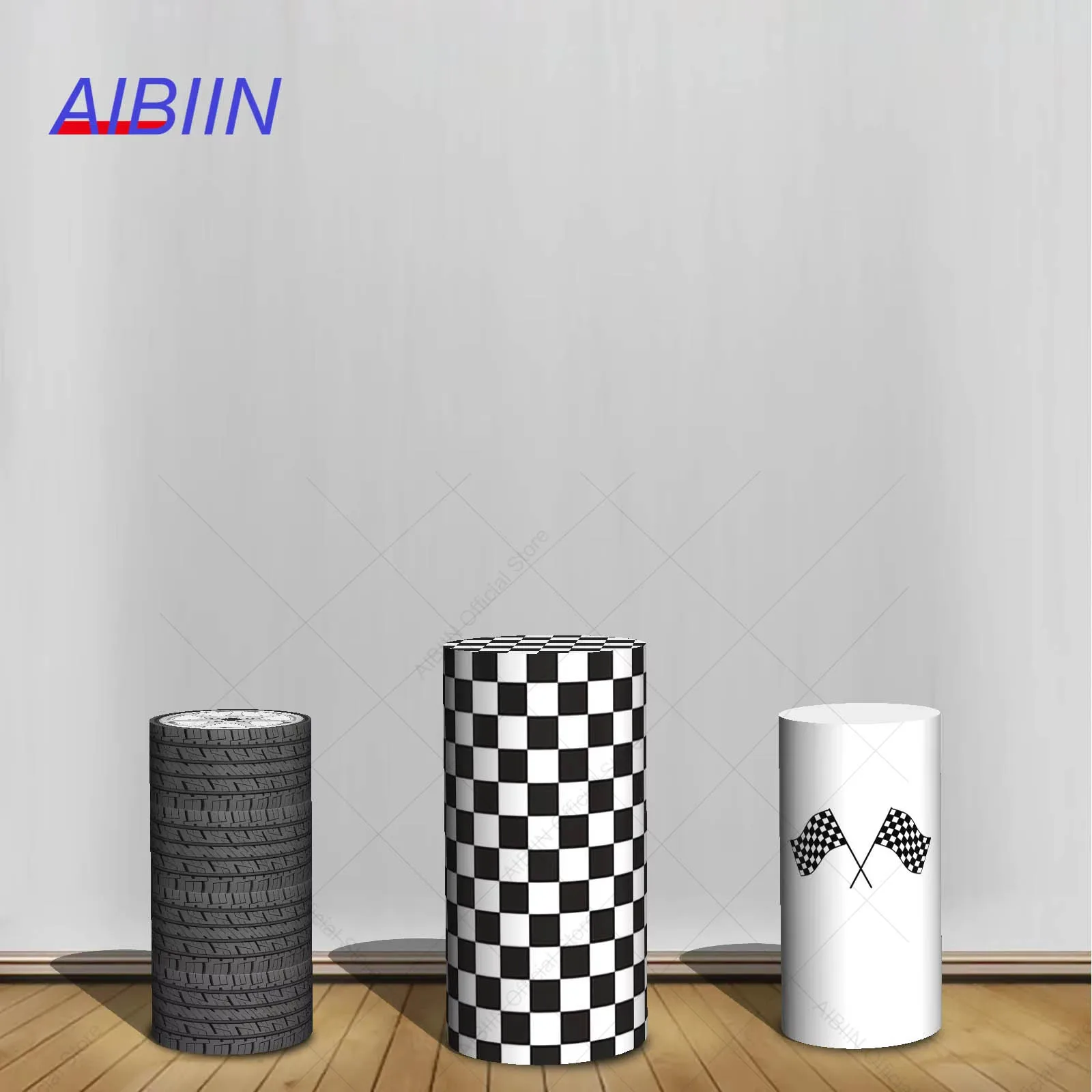 Racing Theme Cylinder Backdrop Cover Black White Checker Grid Boy Birthday Party Decor Elastic Pedestal Column Background Cover