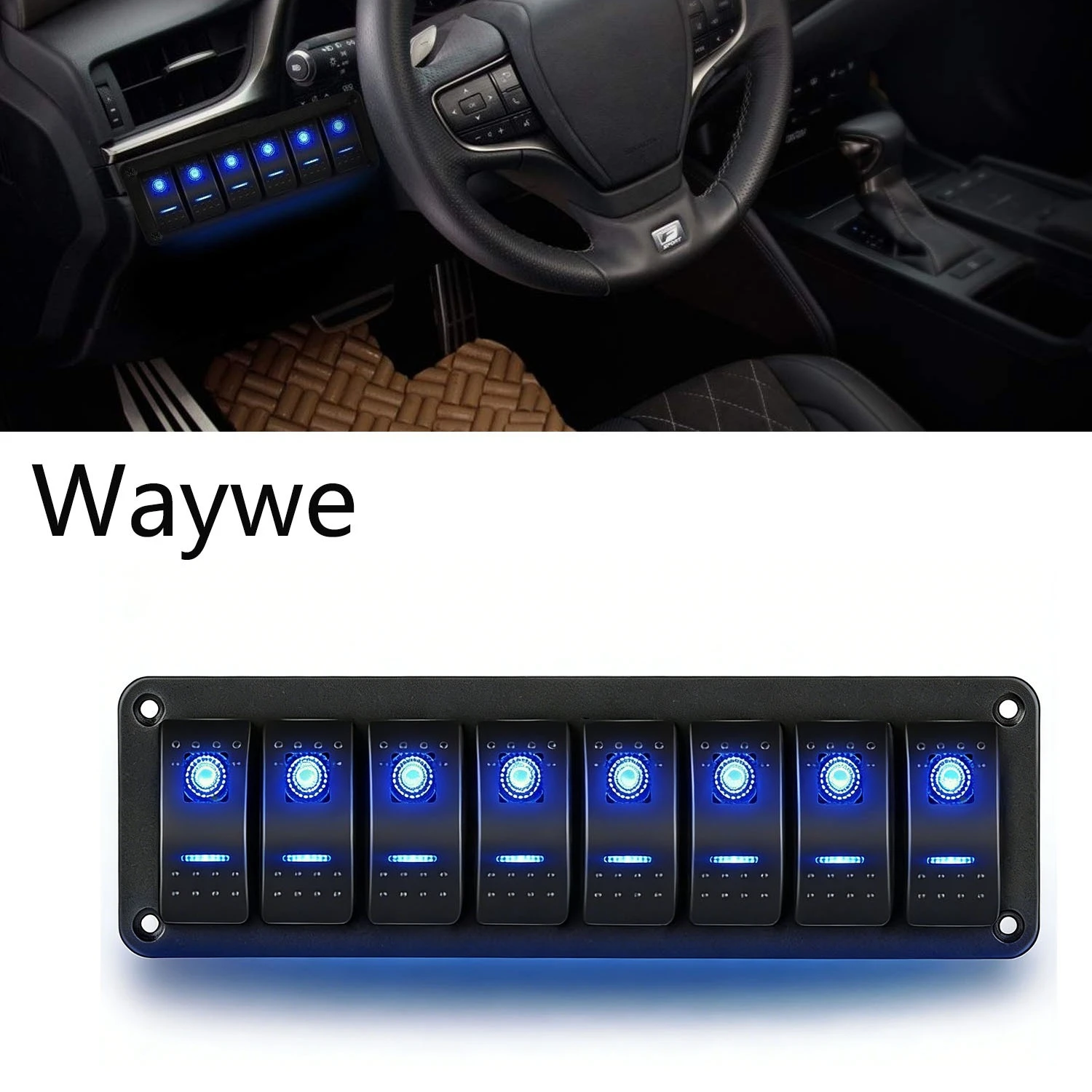 

Waywe 8 Gang Aluminum Rocker Switch Panel 5 Pin ON/Off Pre-Wired Blue Backlit for Car Marine Boat RV