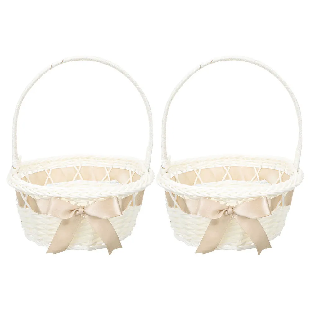 2pcs Handmade Woven Flower Basket Imitation Rattan Small Gift Basket For Wedding Party Religious Easter Events Storage Baskets