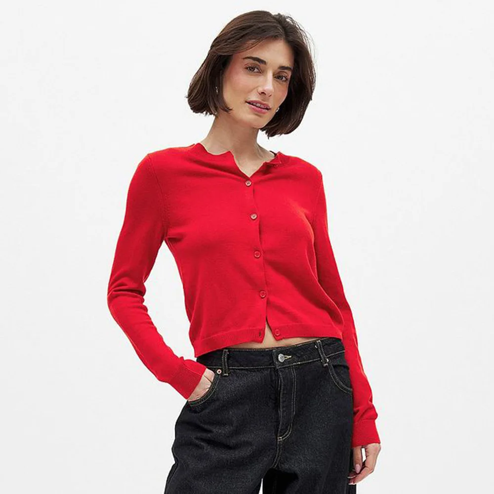 Camisa de base de malha fina feminina cor sólida base de malha cardigan 2025 outono nova camisola de pescoço redondo