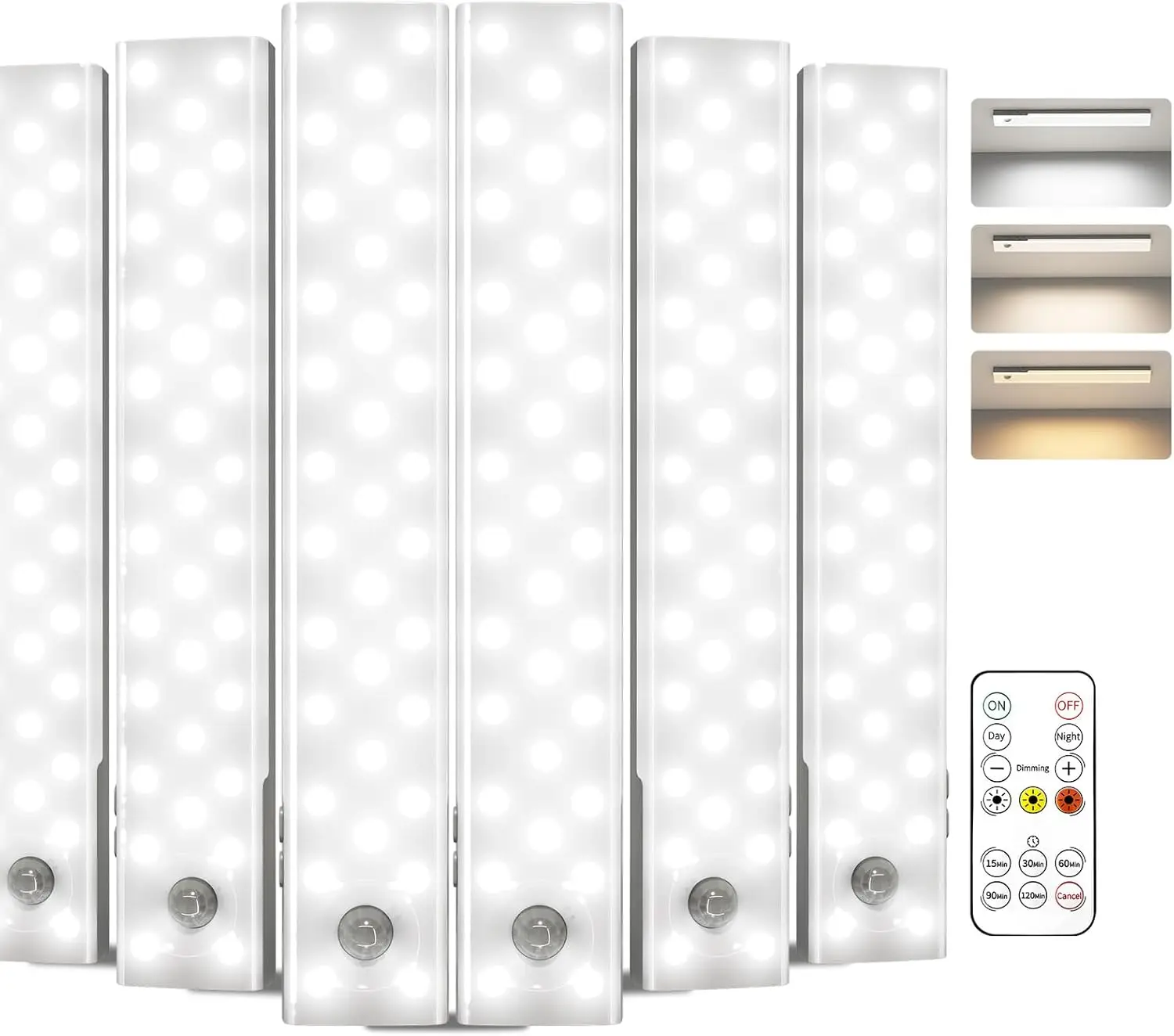 

6-Pack Rechargeable Motion Sensor Lights, 62LEDs, 3 Color Temps, Dimmable with Remote for Kitchen