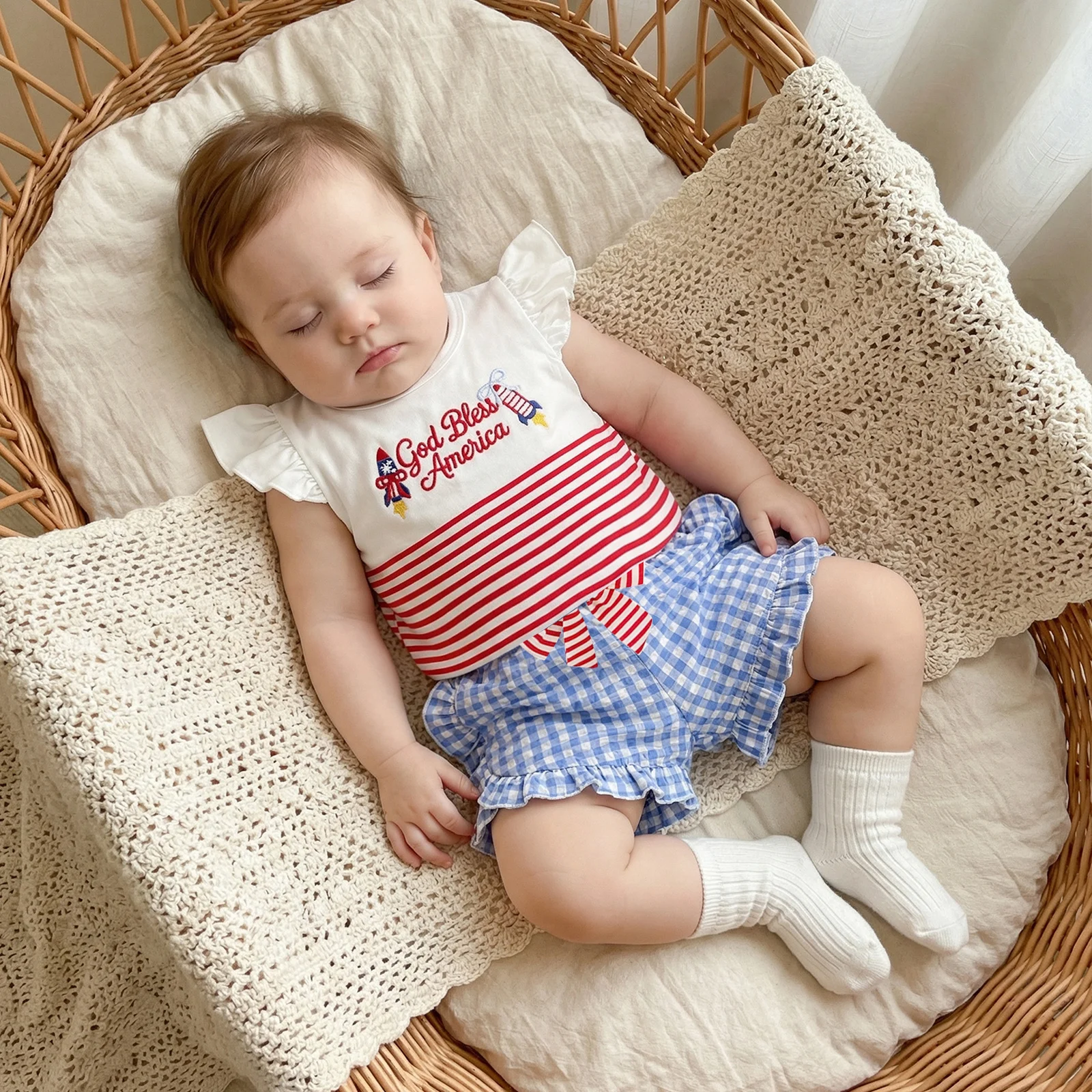 Little Girls Independence Day Outfits Adorable Letter Rocket Embroidery Flying Sleeve Round Neck Tops and Plaid Shorts Set