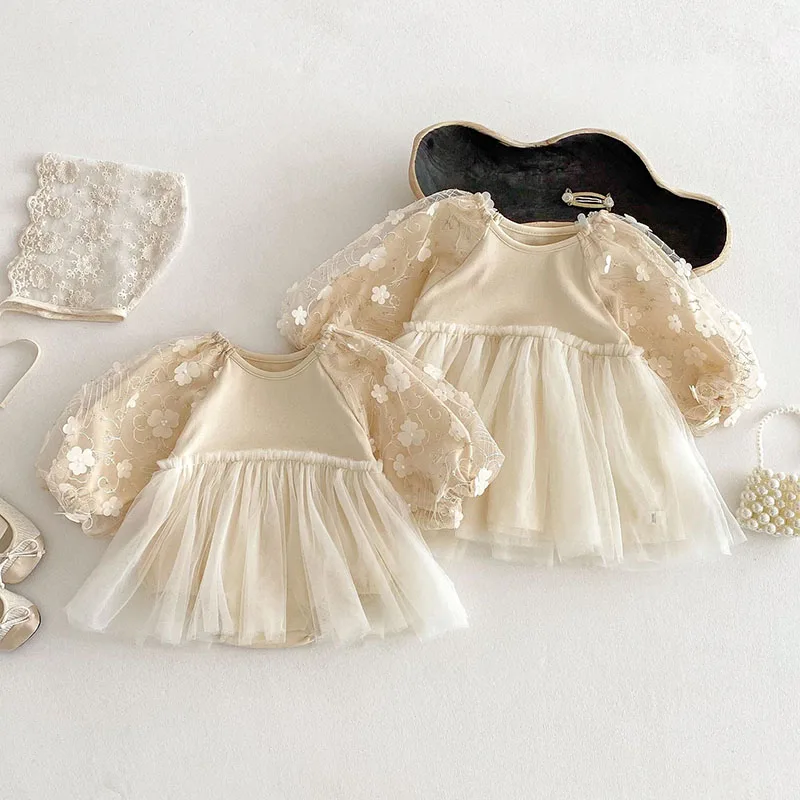 2025 New Spring Sister Clothes 0-5Yrs Girl Party Dress Baby Girl Romper Long Sleeved Cotton Mesh Splicing Kids Princess Dresses