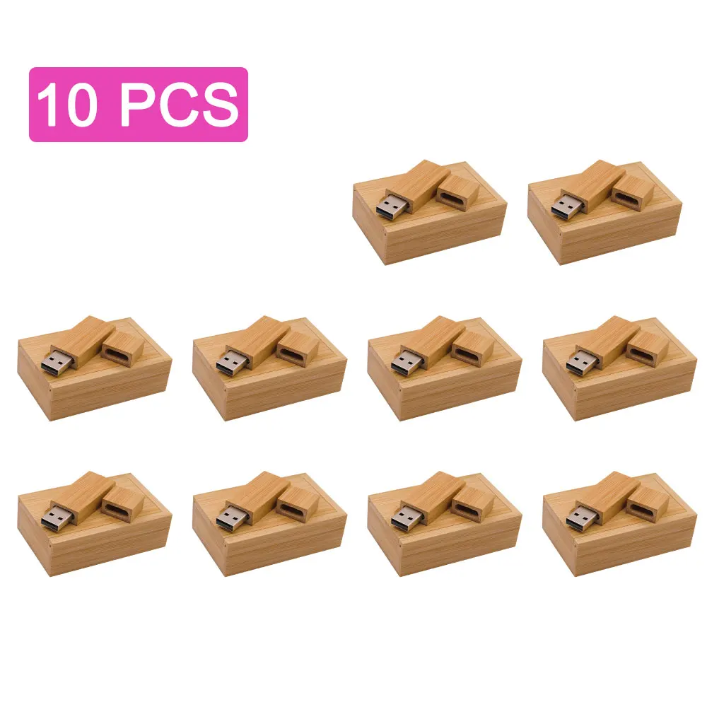 

10pcs Free custom logo Wooden USB 2.0 flash drives Bamboo with Box Memory stick 16GB Pen drive 32GB 64GB Wedding gift USB stick