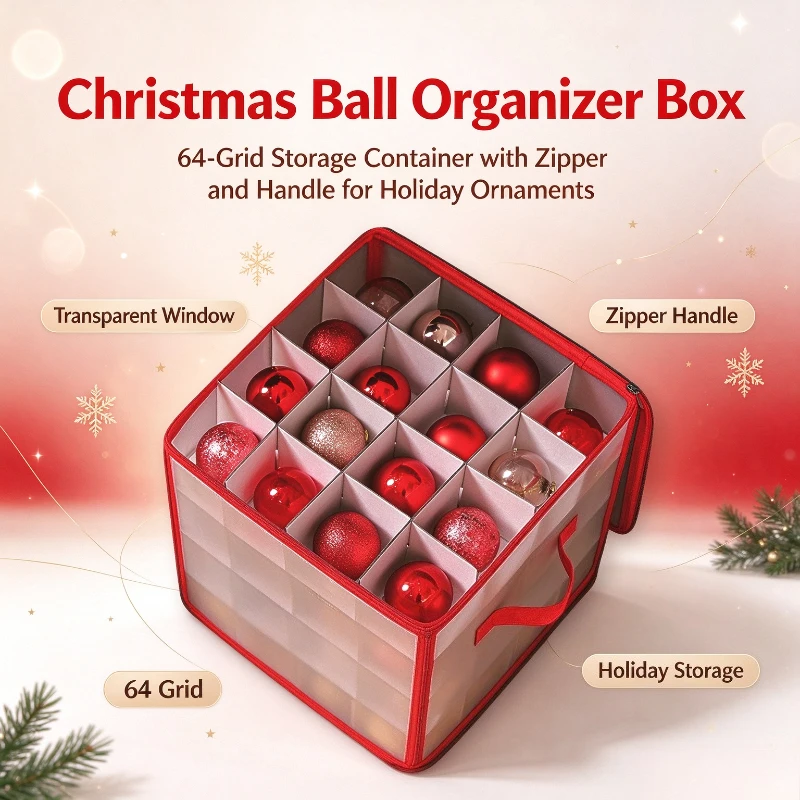 PP Storage Box with 64 Compartments Corrugated Insert for Christmas Balls Clothes Bags and Small Sundries Storage