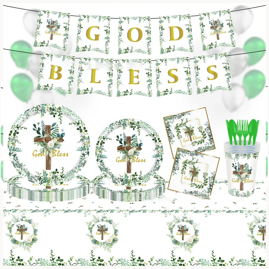 

8Guests Baptism Party Disposable Tableware Cross God Bless Eucalyptus Plates Cups Napkins Baby Shower Party Supplies