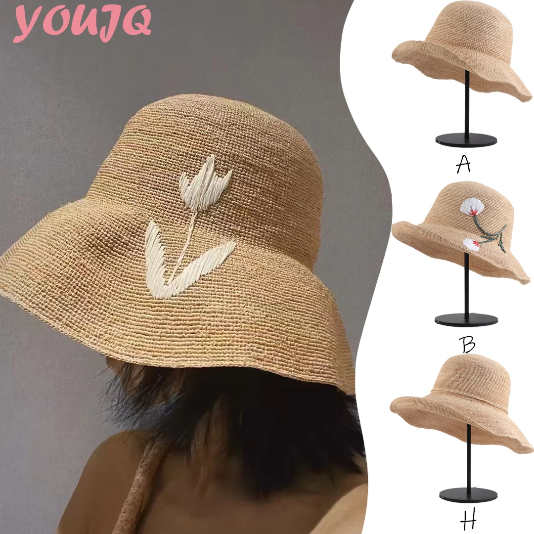 Handgewebte Sonnenhüte aus Natur-Raffia/Papierstroh für Damen – Sommerlicher UV-Schutz mit breiter Krempe, Strand-Strohhut mit Blumenmuster