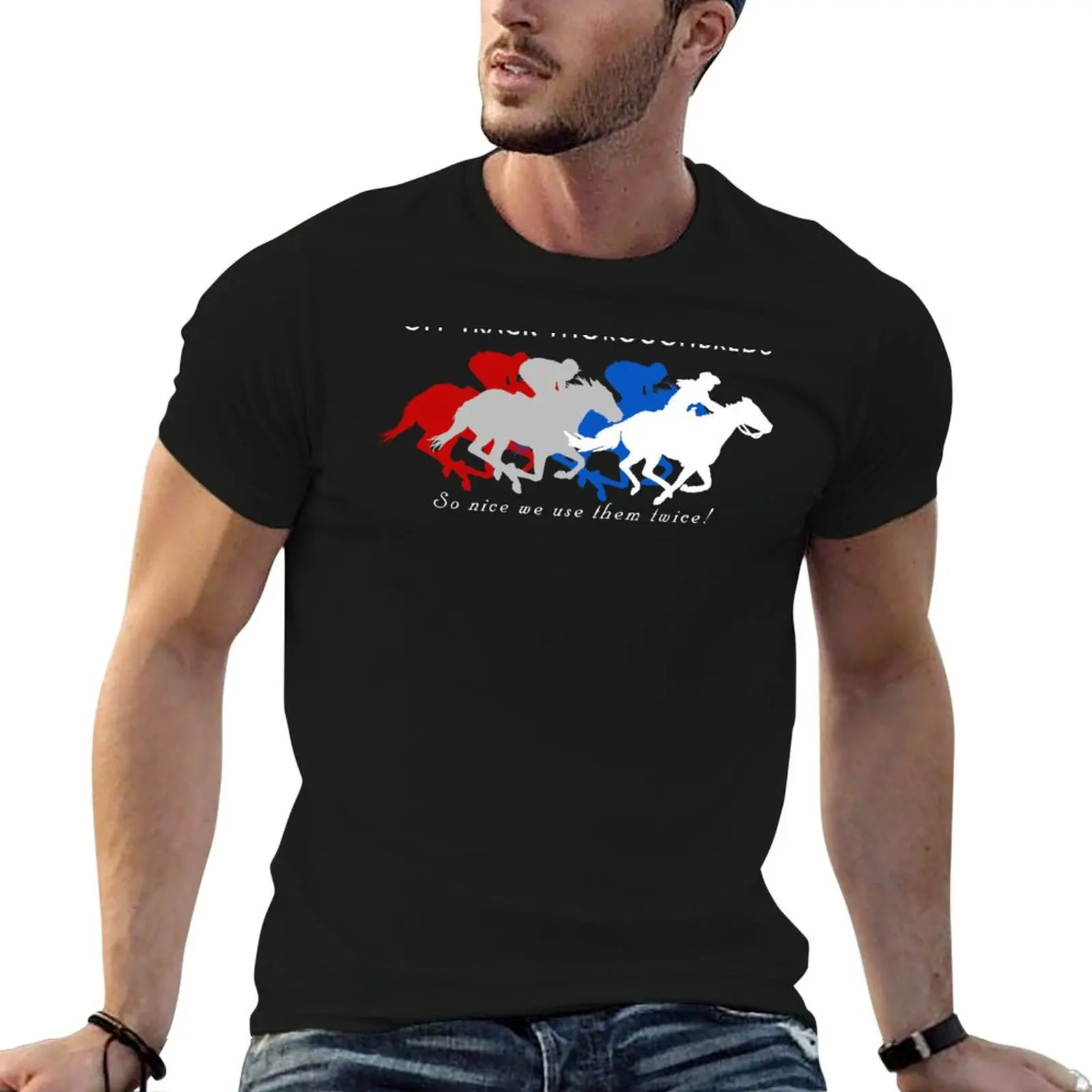 Off Track Thoroughbreds... So Nice We Use Them Twice! (Red, White & Blue) T-Shirt Basic Solid Color Short Sleeve Cotton Top