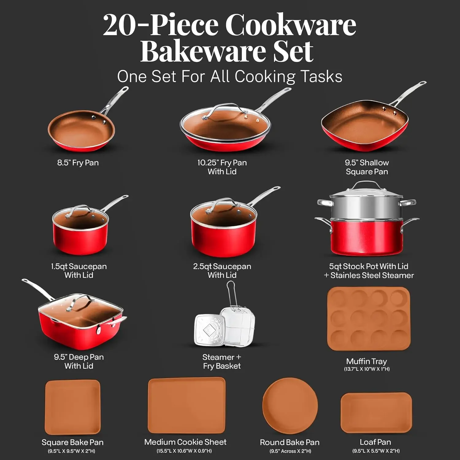 Steel 20 Pc Pots and Pans Set Nonstick Cookware + Bakeware Set, Complete Ceramic for Kitchen, Non Stick with Lids, Dishwa