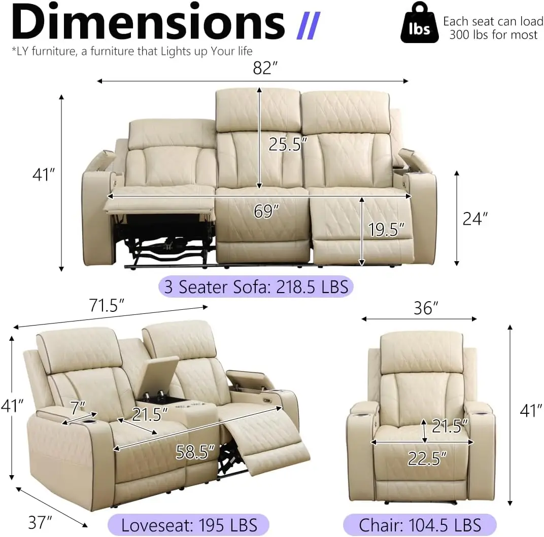 Power Recliner Sofa Set, Living Room Furniture Sets, Leather Reclining Sofa Set, Recliner Couch Loveseat and Chair with Coffee T