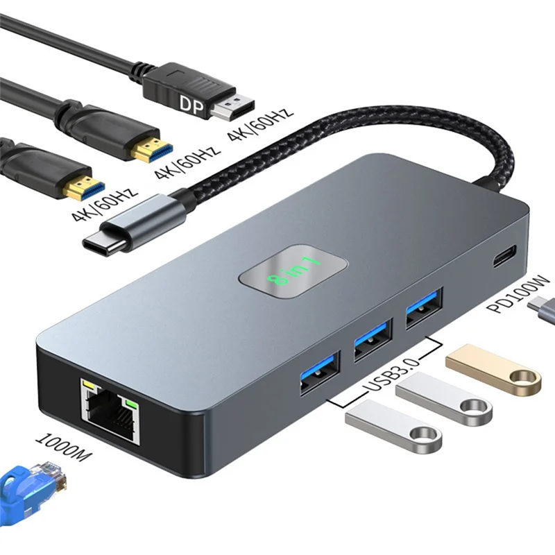 Estación de acoplamiento ocho en 1 DP 2 Compatible 4K @ 60Hz 1000M Ethernet RJ45 USB Hub 3 0 3.0 Concentrador de base de extensión