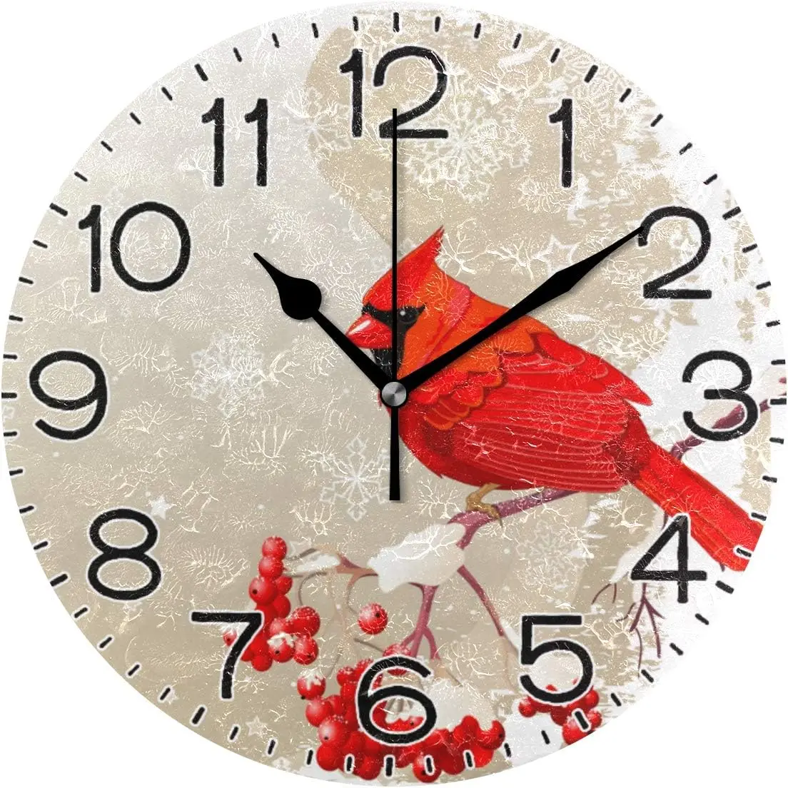 Red Cardinal Bird Snowflake Wall Clock Battery Operated Non Ticking Silent Quartz Analog Rustic Farmhouse Round Clock Retro Deco