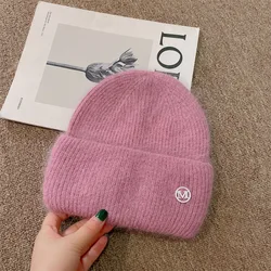 Luxury Brand Letter M Winter Beanies for Women Real Rabbit Fur Knitted Hat Wool Skullies Lady Warm Walking Bonnet Cold Cap