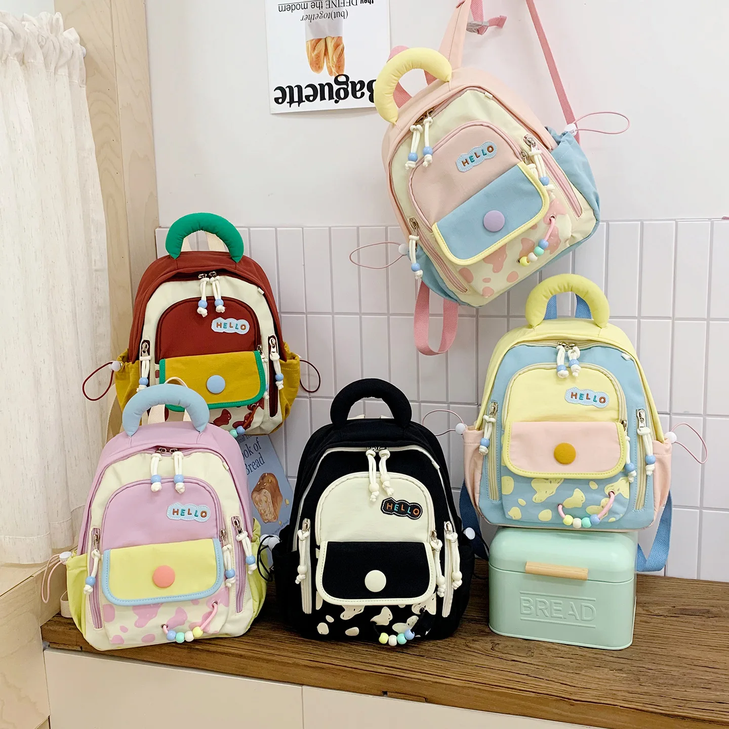 Nylon fabric color-blocking, dopamine student children's schoolbag, lightweight small travel backpack