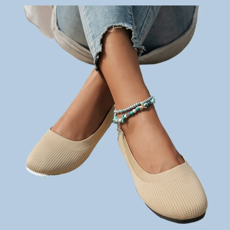 

Casual Slip on Shallow Office Boat Plus Size Moccasins Round Toe Flats for Women Comfortable Knit Ballet Flat Shoes