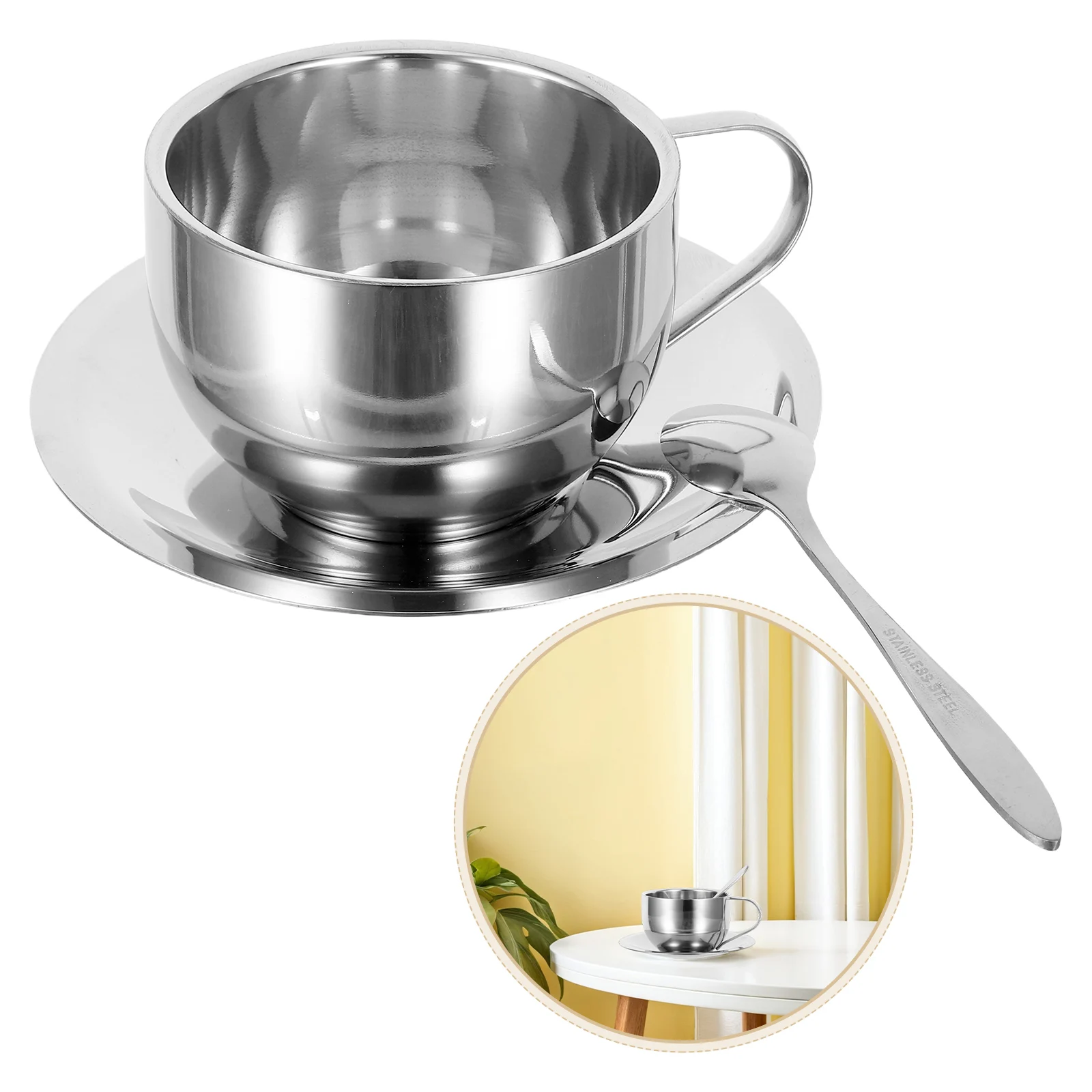 

1Set 250ml Stainless Steel Insulated Mugs Double Wall with Saucer Versatile for Coffee Latte Tea Stainless Steel Coffee Cup Set