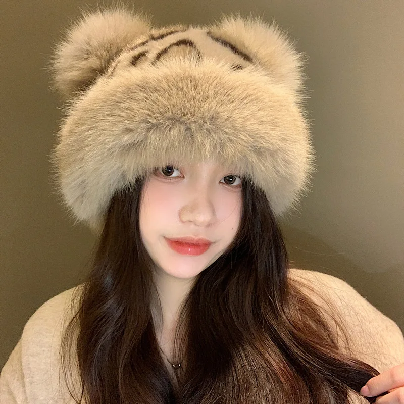 Retro Leopard Print Plush Cat Ears Beanie Women Thicken Warm Fur Hat Windproof Fluffy Fur Bucket Hat Cold Snowy Day Panama Cap