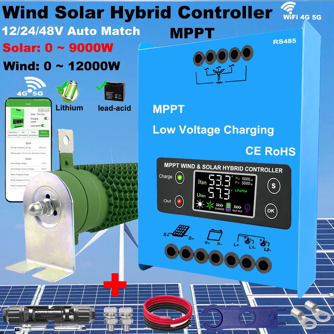 4000W 6000W 8000W 9000W MPPT Controller 12V 24V 48V Regulator Wind 5000W Solar 3000W Hybrid Controller Battery Charge WIFI  App