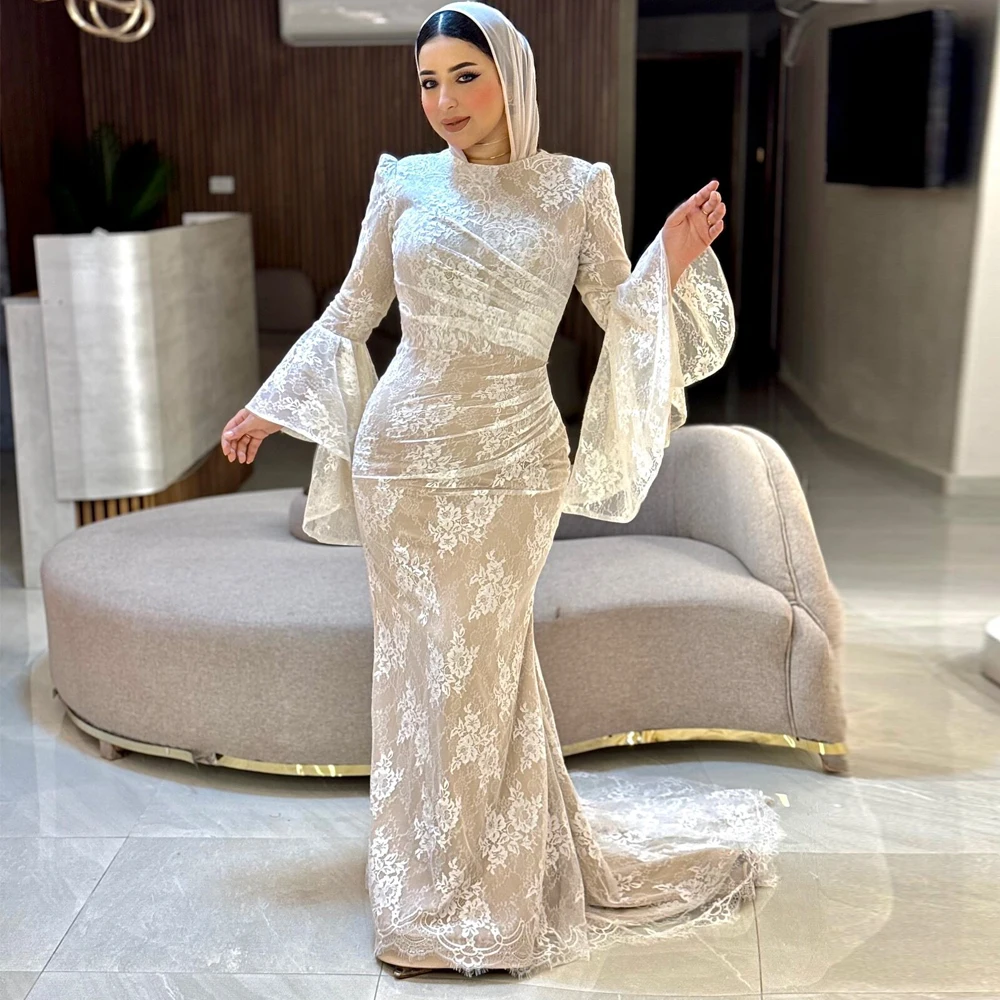 

Customized Illusion Lace Hijab Wedding Dress O Neck Flare Sleeve Mermaid Muslim Bridal Gown Nude Sheath Islamic robe de mairage