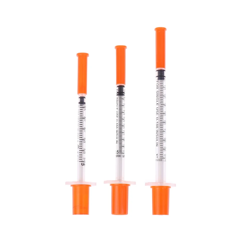 5 sztuk 0,3/0,5/1 ml jednorazowa plastikowa strzykawka weterynaryjna pomarańczowa nakładka sterylna strzykawka insuliny z igłami dla zwierząt gospodarskich