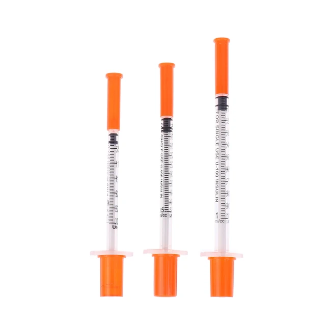 5 sztuk 0,3/0,5/1 ml jednorazowa plastikowa strzykawka weterynaryjna pomarańczowa nakładka sterylna strzykawka insuliny z igłami dla zwierząt gospodarskich