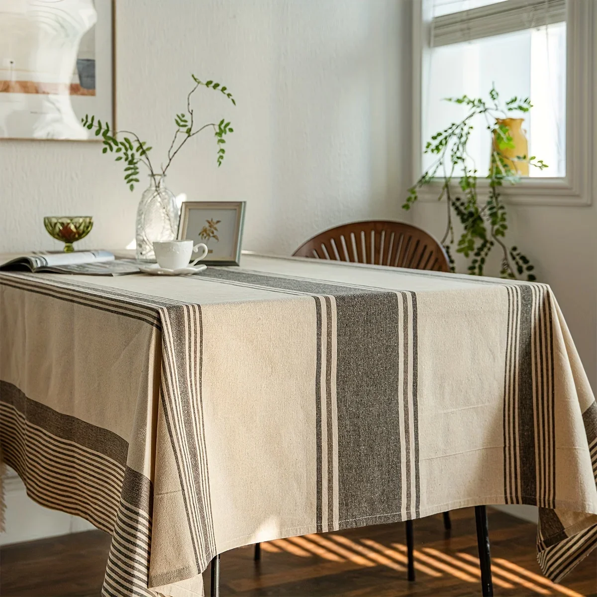 1pc Simple Double Stripes Tablecloth - Natural Tones for a Warm Dining Table - Striped Tablecloth in Brown