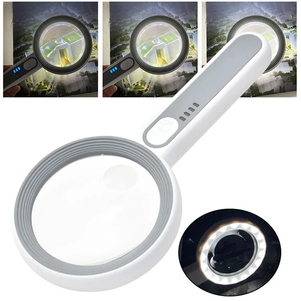 Hand-held magnifying glass 30 times charge-type magnifying tool, with three adjustable brightness LED lamp, suitable for reading