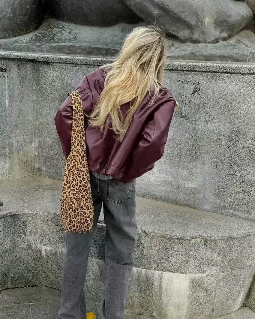 HH Women Fashion Burgundy Faux Leather Jackets Casual Lapel Long Sleeves Coat Zipper Autumn Female High Street Outerwear