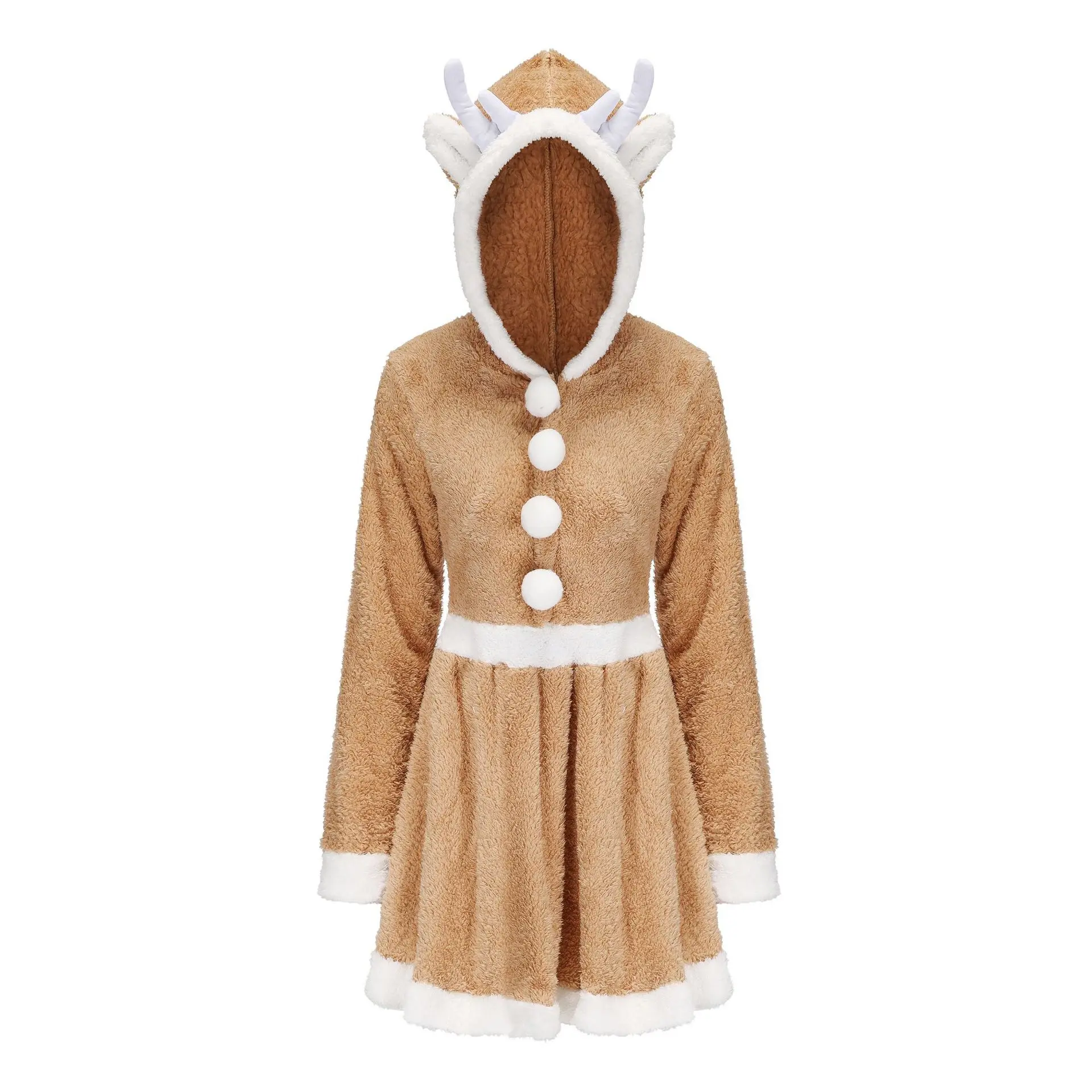 

Warm Coral Fleece Hooded Dress Women Girl Pajamas Christmas Cute Reindeer Elk Halloween Cosplay Costume Parent-child Outfits
