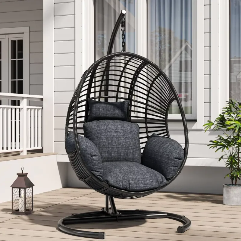 Wide U-Base Hanging Egg Chair 400lb Capacity Patio Swing 8-Inch Cushion Weatherproof PE Rattan Cover Modern Home Office