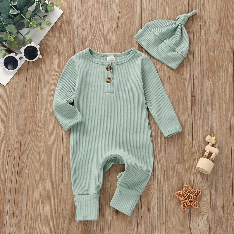 Infant Newborn Baby Jumpsuit Knit Boy Girl Romper + Hat Autumn Spring Toddler Baby Clothing Outfits