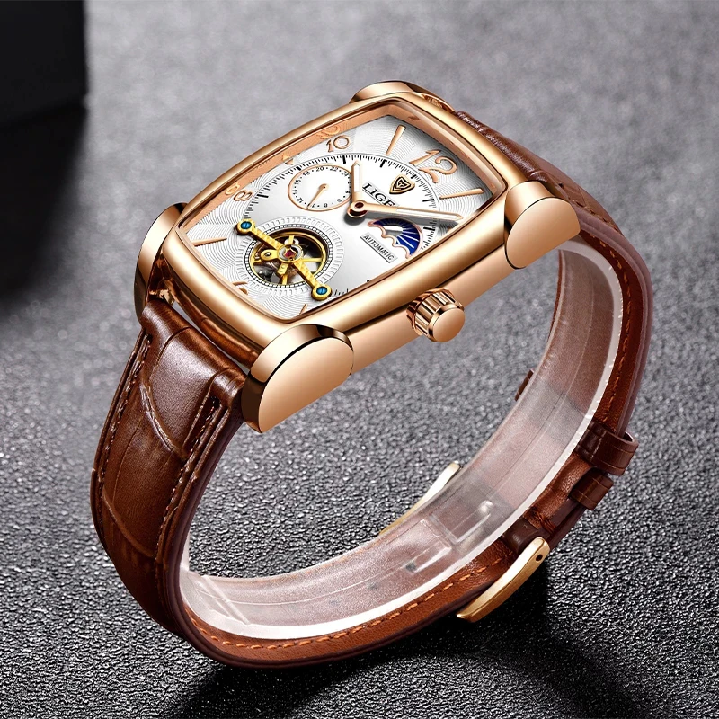 2023 Men Automatic Mechanical Watch Men Luxury Tourbillon Square Leather Sport Watch Luminous Moon Phase Waterproof Men Watches