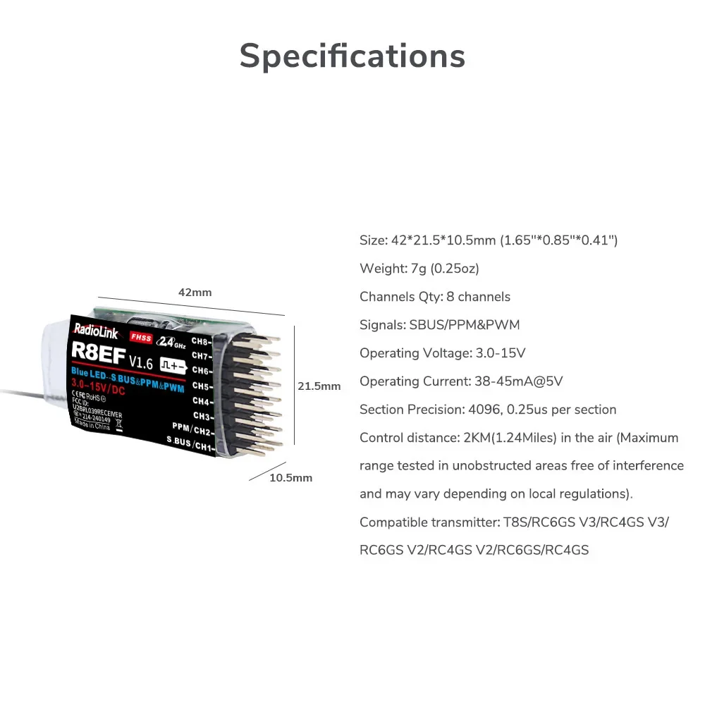 Radiolink R8EF récepteur 2.4G 8 canaux Support SBUS PPM PWM pour 8CH T8FB T8S RC3S RC4G RC4GS RC6G émetteur RC voiture bateau avion