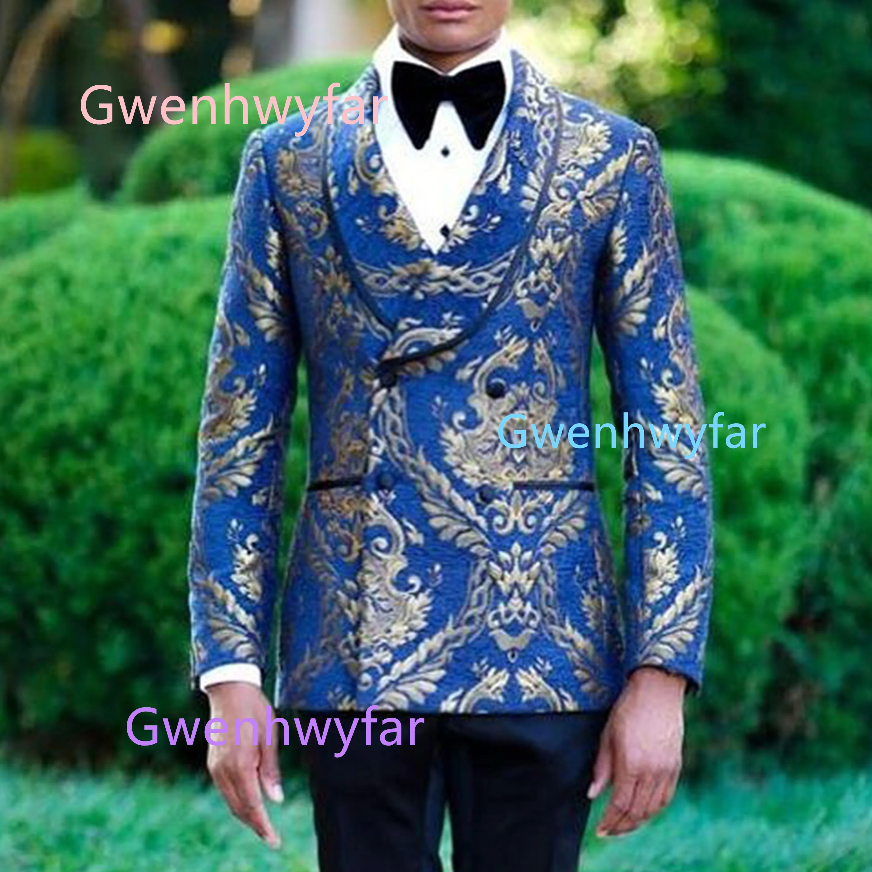 G&N Luxury Velvet Tuxedo Jacket with Gold Pattern And Solid Color Pants Men's Winter Wedding Dress Code 2-Piece Set Dark Blue