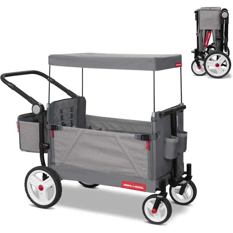 Stroll N Wagon Folding Push and Pull Stroller Wagon with Removable Rear Storage Bag for Ages 1 to 3, Light Gray