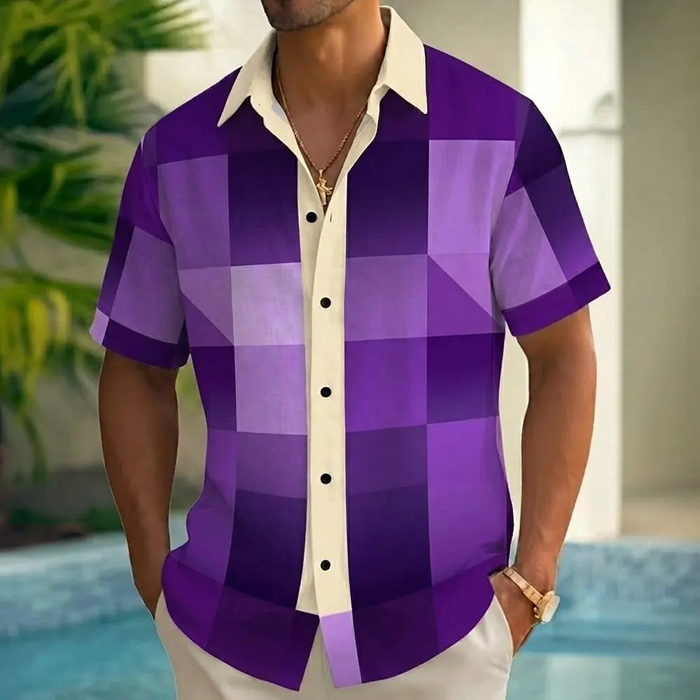 Men's Color Block Patchwork Gradient 3D Print Shirt, Short Sleeve Button Up Turndown Collar, Streetwear Casual Wear for Summer