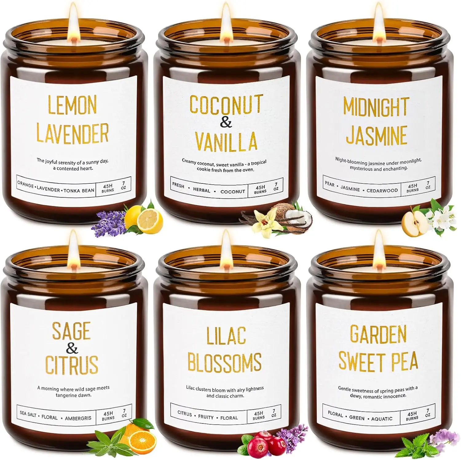 

6-Pack Soy Candles for Home Scented with Lavender, Coconut, Jasmine, Sage, Lilac, Sweet Pea, 50-Hour Burn Time