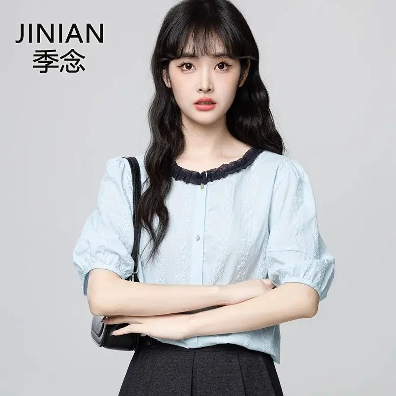 

French Short-sleeved Blouse for Women New Summer 2025 Collection Lace Trim Design Loose-fitting Shirt