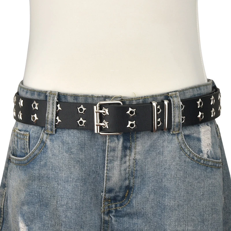 Freeshipping Star Eye Rivet Belt Punk Women Goth Style Black Double Pin Metal Buckle Adjustable Waistband For Jeans Y2K Decor