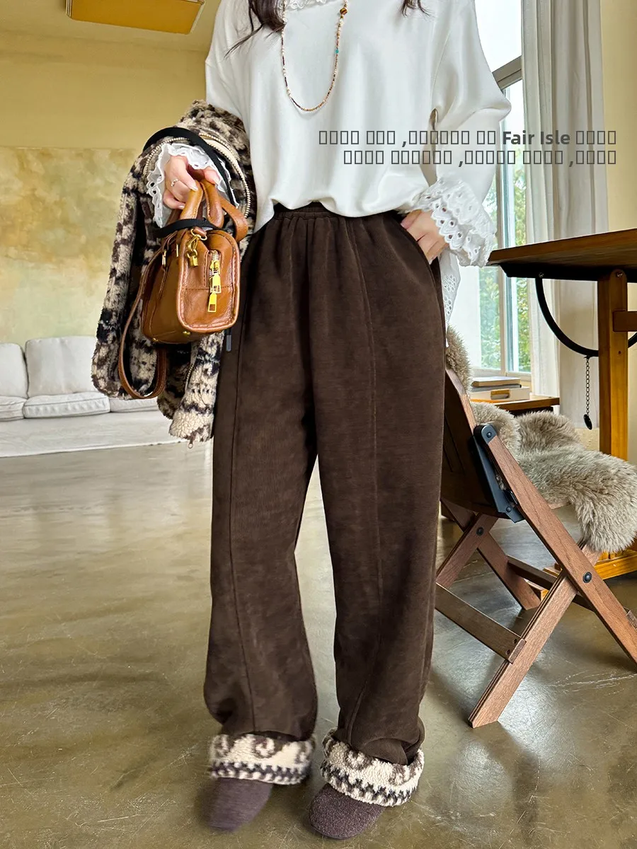 

Retro Thiened Fce Floor-Length Pants Elastic Waist Loose Fit Annforest Women's Casual Trousers Warm Cotton Velvet Turn-Up