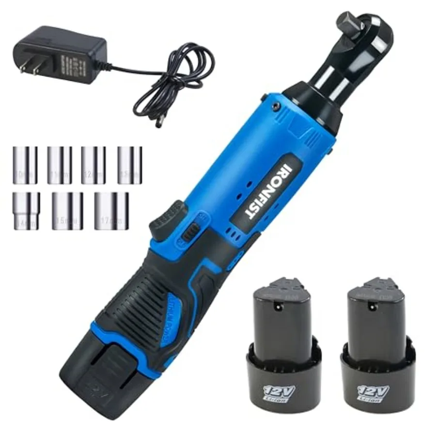 

Cordless Electric Ratchet Wrench Set 3/8" 12V Power Ratchet Driver 2-Pack Lithium-Ion Batteries 7 Sockets and Charger