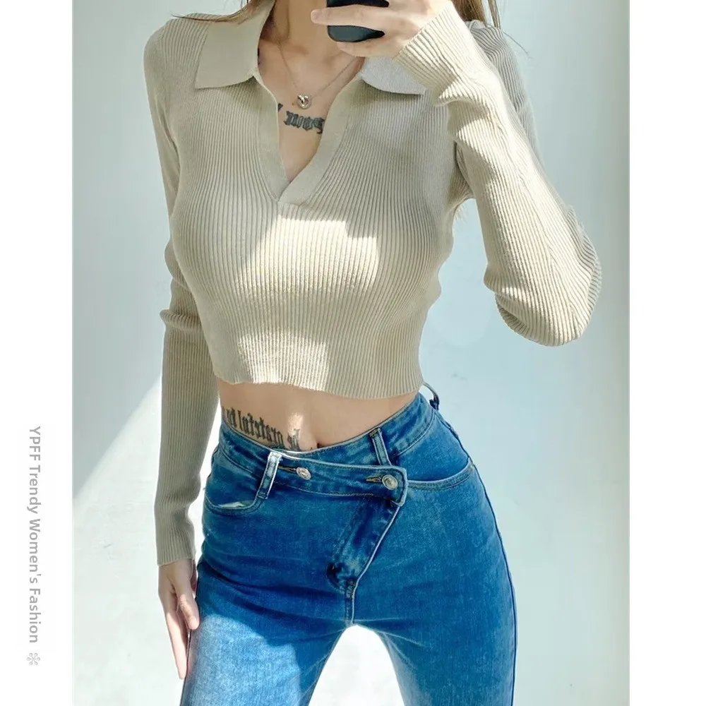 Top Corto de Punto con Cuello , Ajustado y Sexy, Cseta de Manga Larga para Mujer Moderna, Estilo Casual de Negocios, T...