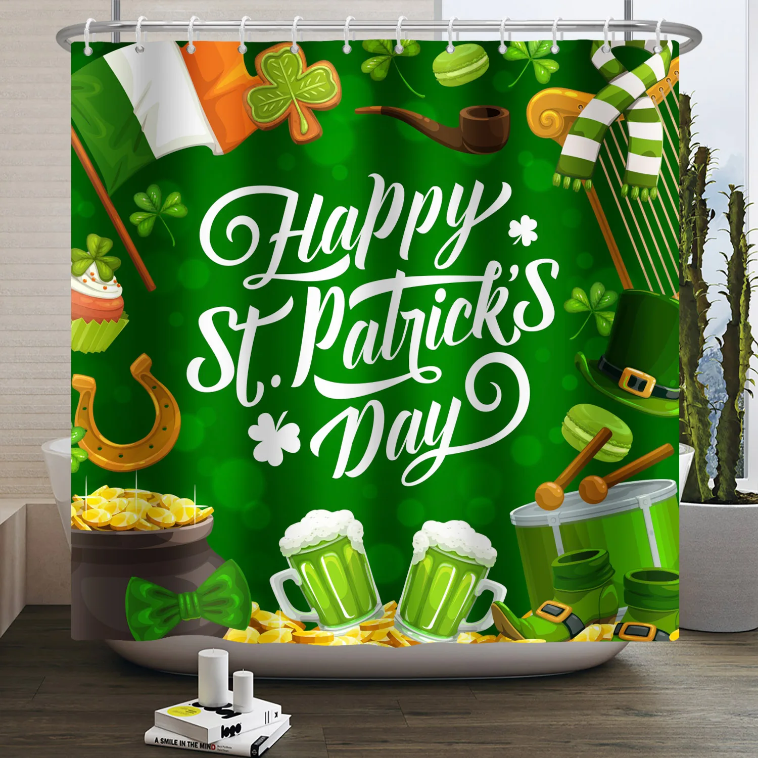 Saint Patrick's Day Theme Shower Curtains Green Lucky Clover Gold Coin Pattern Waterproof Bathroom Decoration Curtain with Hooks