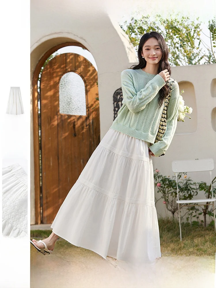 

Юбка А-силуэта с высокой талией для женщин, весна-осень, новая модель, с кружевным дизайном, повседневная, для отдыха, женская модная юбка весна-осень