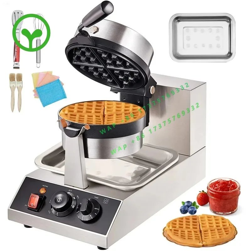 【Premium】SucceBuy Electric Waffle Maker Stainless Steel Round Waffle Iron Non-Stick Waffle Baker  hine Teflon-Coated Baking Pans
