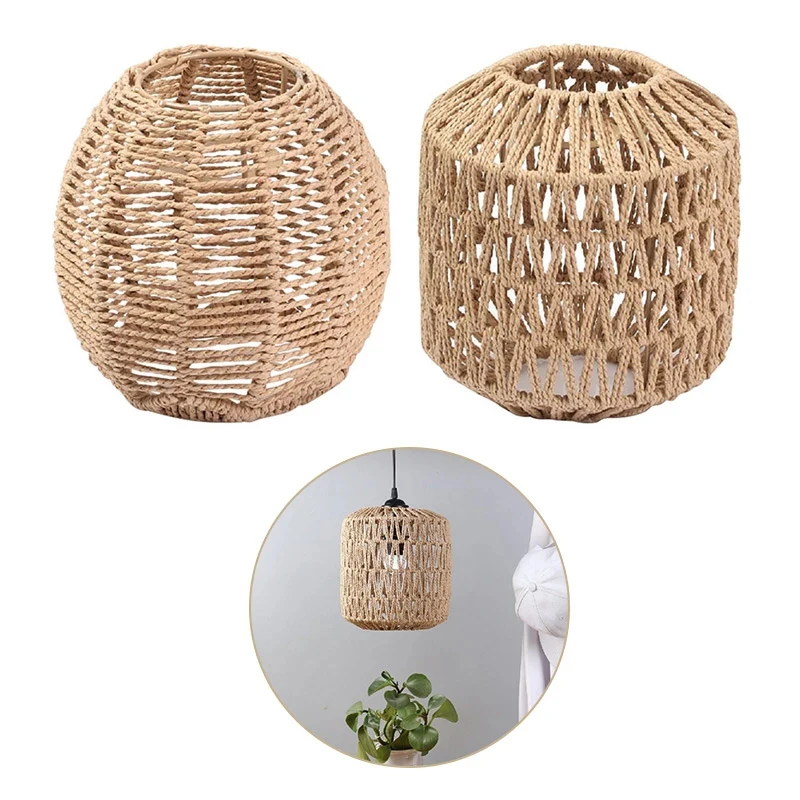 Boho Pendant Lamp Shade Paper Rattan Handwoven Wicker Lampshade Light Fixture Chandelier Pendant Lights Cover Home Decor