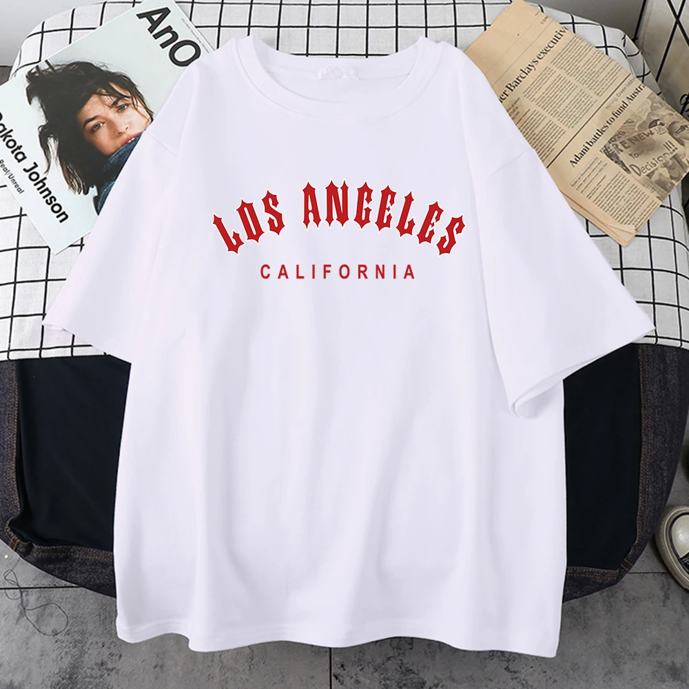 Los Angeles ccalifornia czerwona Artword koszulka damska Plus Size Street shirt casualowa koszulka z okrągłym dekoltem fajna bawełna krótki rękaw