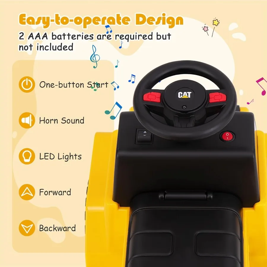 รถดัมพ์ของเล่นเด็ก 6V ลิขสิทธิ์แท้จากแคตเตอร์พิลลาร์ รถก่อสร้างของเล่นเด็ก พร้อมกระบะท้ายปรับระดับได้ แตร และไฟ LED ของขวัญแบตเตอรี่